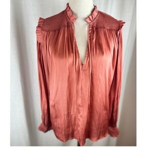 Reset Blouse Satin Smocked Ruffle Tie Neck Top in Terracotta Womens Large